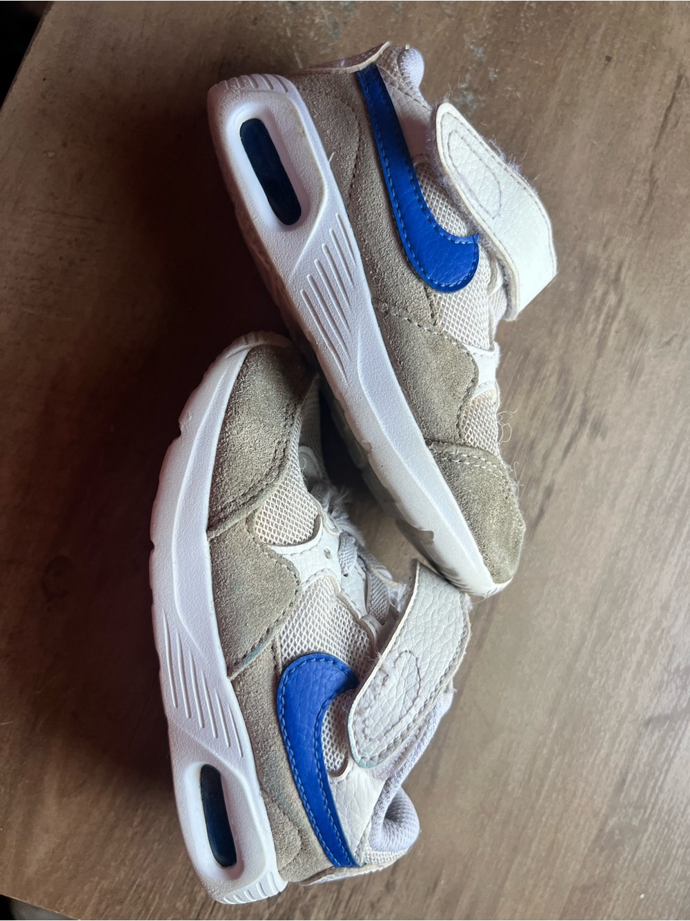 Kids Beige and Blue Nike Air Athletic Sneakers with Hook-and-Loop Strap